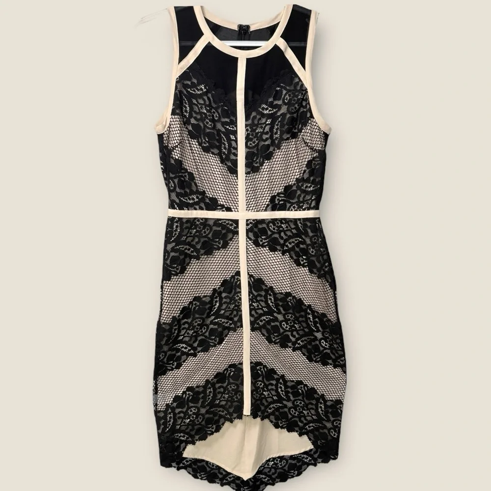 New Adelyn Rae Lace Bodycon Dress M Illusion Mesh Black&Nude Bandage Style Prom - Picture 4 of 12